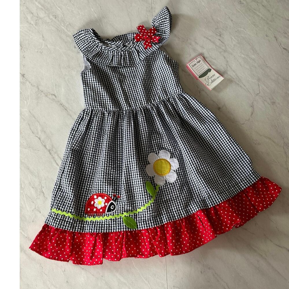 NWT Rare Editions Girls 6X One-Shoulder Checked Fit-And-Flare Dress lady bug
